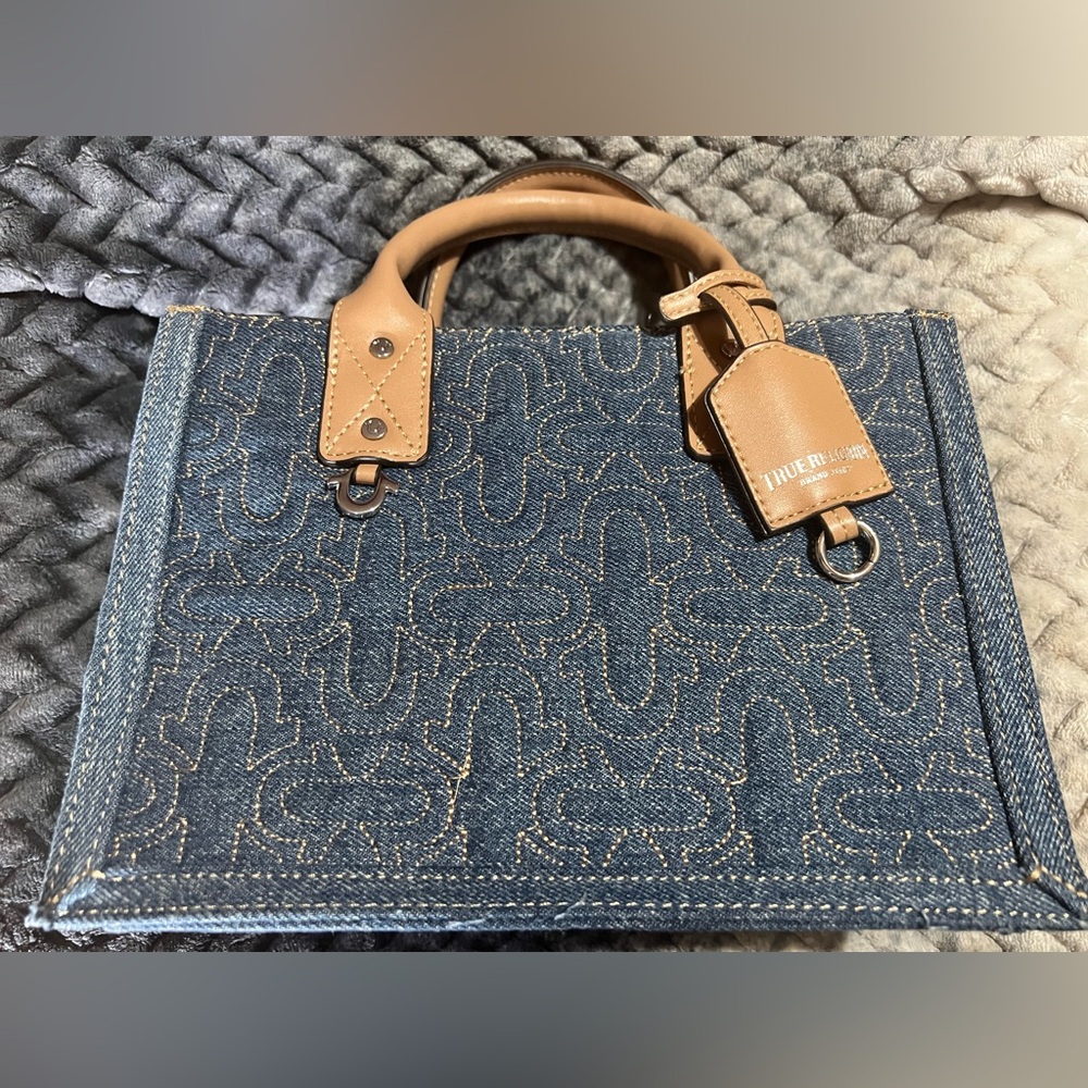 True Religion Denim Tote with Tan Leather Trim